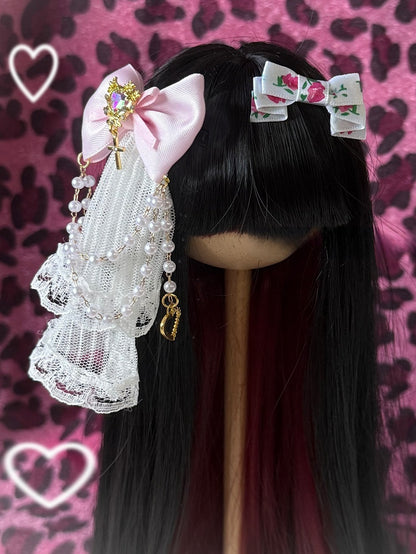 White&Pink/Black&Pink Beaded Charm BJD Doll Bowknot Hairclip With Veil