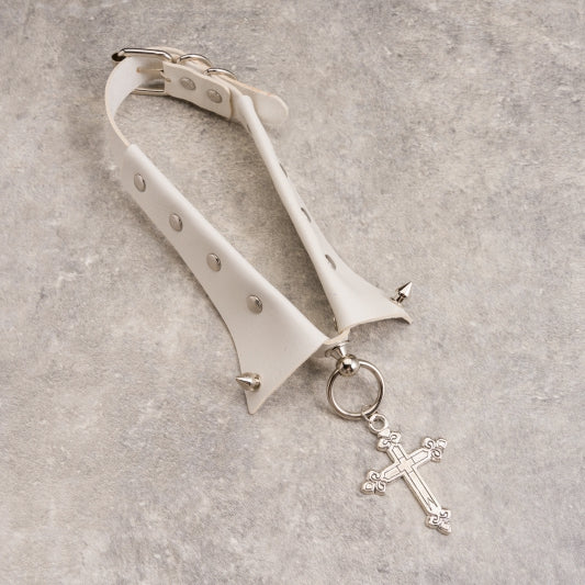 Cross Pendant White Studs Gothic PU Choker