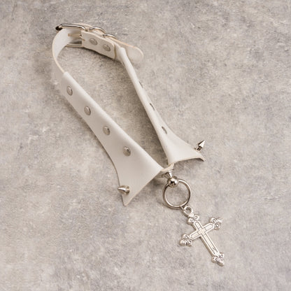 Cross Pendant White Studs Gothic PU Choker