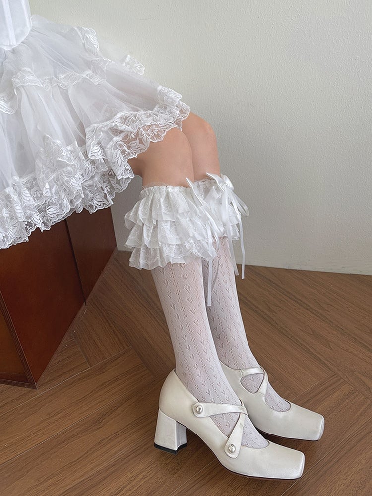 White/Black Bowknot Heart Print Lace Ruffle Trims Underknee Stockings