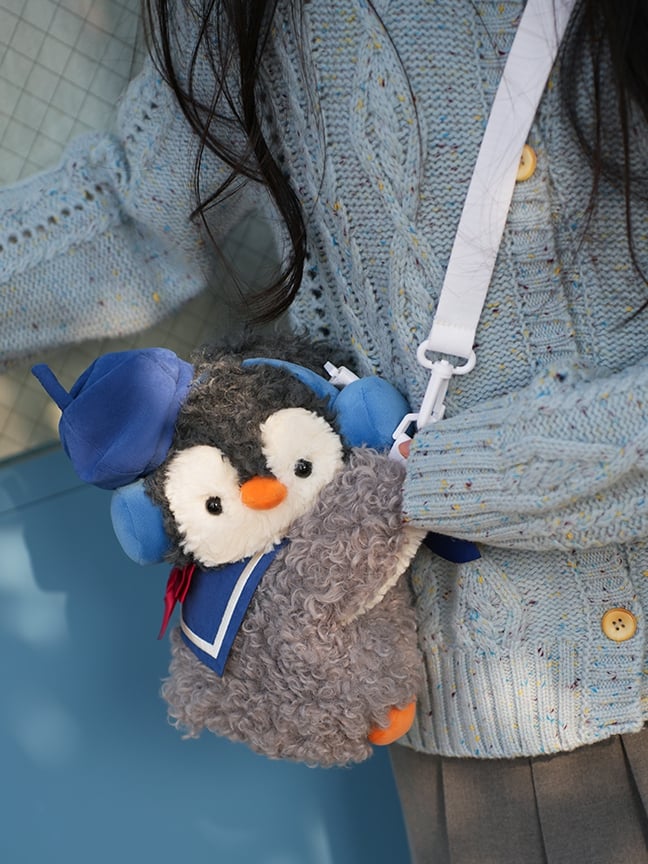 Gray Cute Penguin Plush Backpack/Crossbody Bag + Blue Hat + Sailor Collar Middle/Large Size