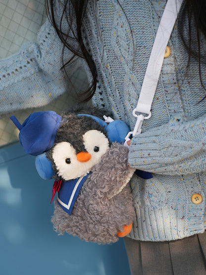 Gray Cute Penguin Plush Backpack/Crossbody Bag + Blue Hat + Sailor Collar Middle/Large Size