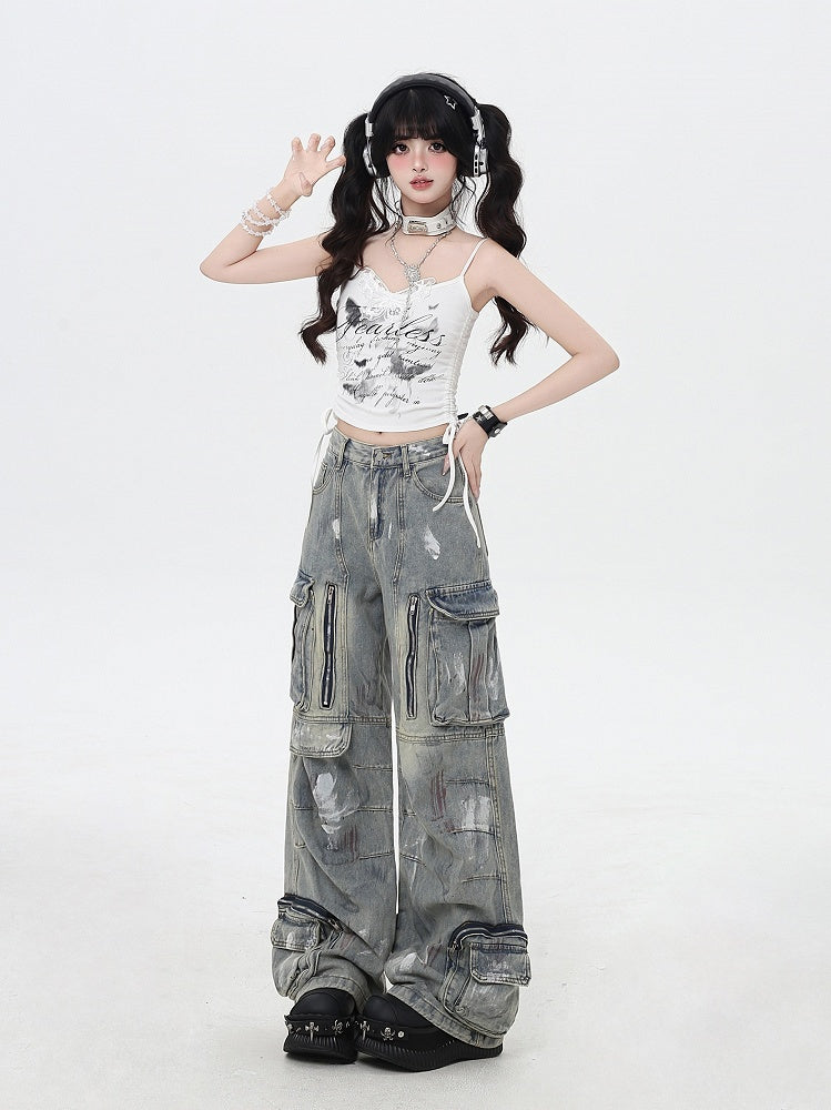 Black/Light Blue Low Rise Spray Paint Print Wide-leg Cargo Jeans