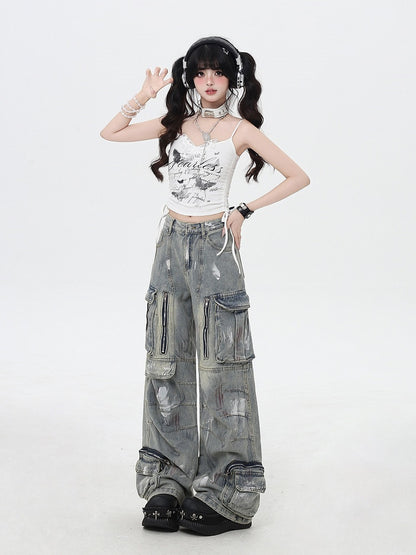 Black/Light Blue Low Rise Spray Paint Print Wide-leg Cargo Jeans