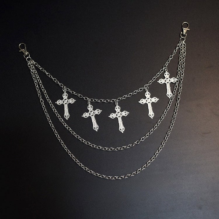 Silver Cross Charm Waist Chain + Black Star Details Waist Belt