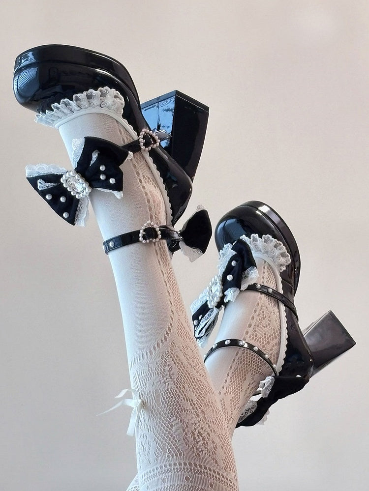 Polished Black Detachable Rhinestone And Beaded Decorated Bowknot Lace Trim Platform High Block Heels