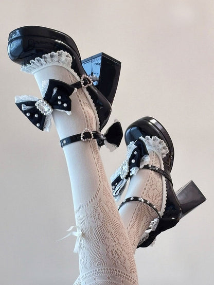 Polished Black Detachable Rhinestone And Beaded Decorated Bowknot Lace Trim Platform High Block Heels