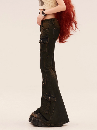 Black Low Rise Cargo Pockets Flared Jeans