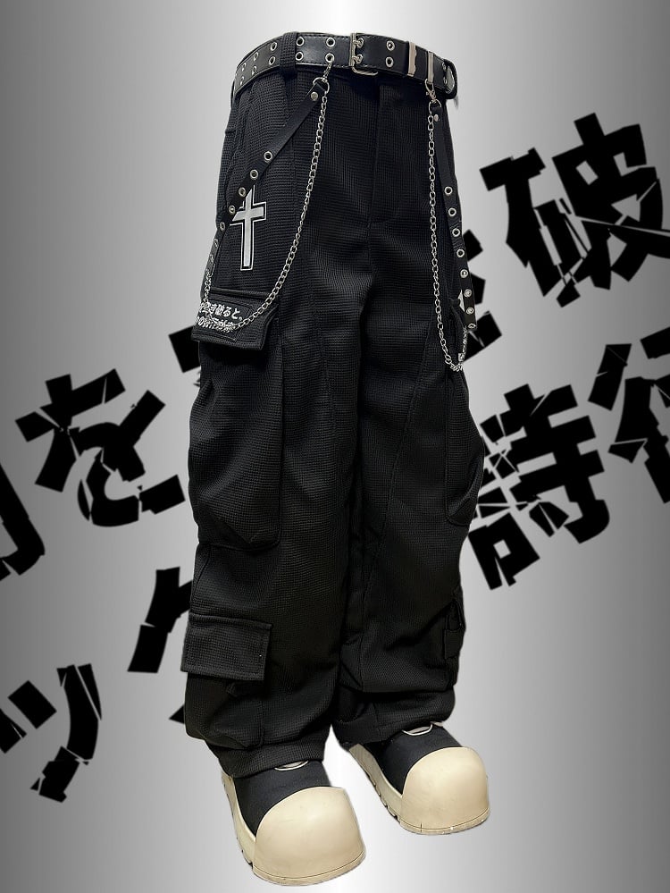 Black Punk Rock Cross And Letter Applique Cargo Pockets Decorated Wide-Leg Cargo Pants