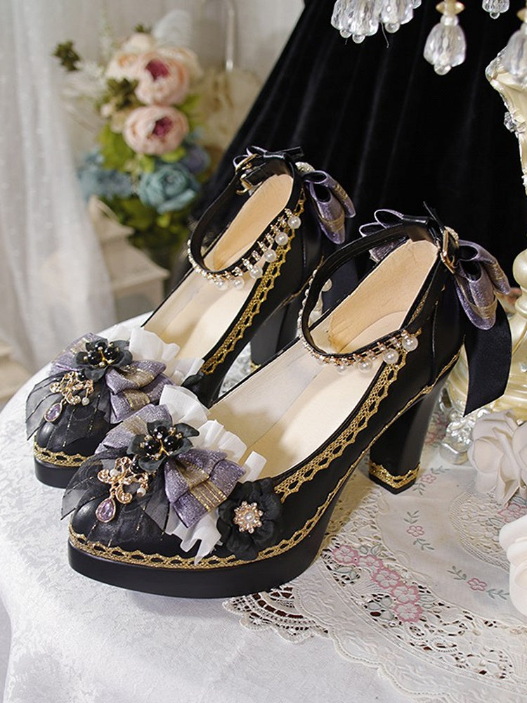 Black & Purple Bowknot and Floral 5.5CM/8CM Lolita Block Heels
