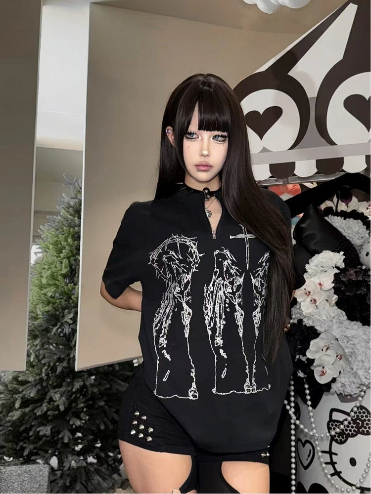Alt Fashion Black T-Shirt with Cross Religious Figure Print