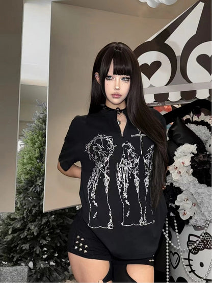Alt Fashion Black T-Shirt with Cross Religious Figure Print