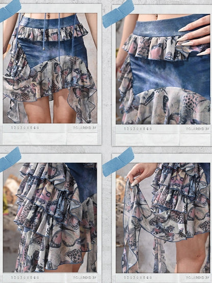 Grunge Punk Rock Fairy Style Blue Butterflies Print Tiered Ruffles Asymmetrical Hem Patchwork Skirt