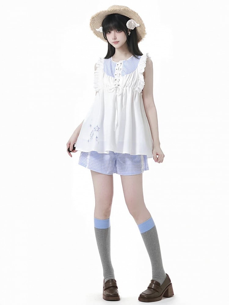 Seashell and Starfish Embroidery White and Blue Plaid Lace-up Front Flutter Sleeves Top