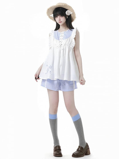 Seashell and Starfish Embroidery White and Blue Plaid Lace-up Front Flutter Sleeves Top