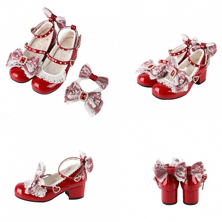 Polished Red Detachable Rhinestone And Beaded Decorated Bowknot Lace Trim 4.5CM Block Heels Shoes