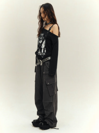 Punk Y2K Black Asymmetrical Cutout Shoulder Top