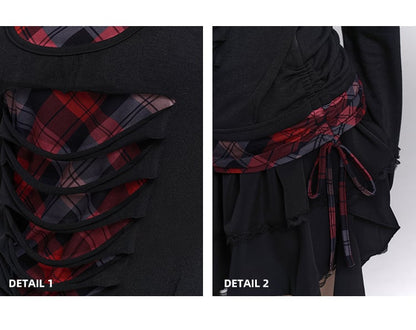 Sweetheart Neckline Distressed Holes Faux Two-pieces Red Plaid Top