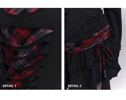 Sweetheart Neckline Distressed Holes Faux Two-pieces Red Plaid Top