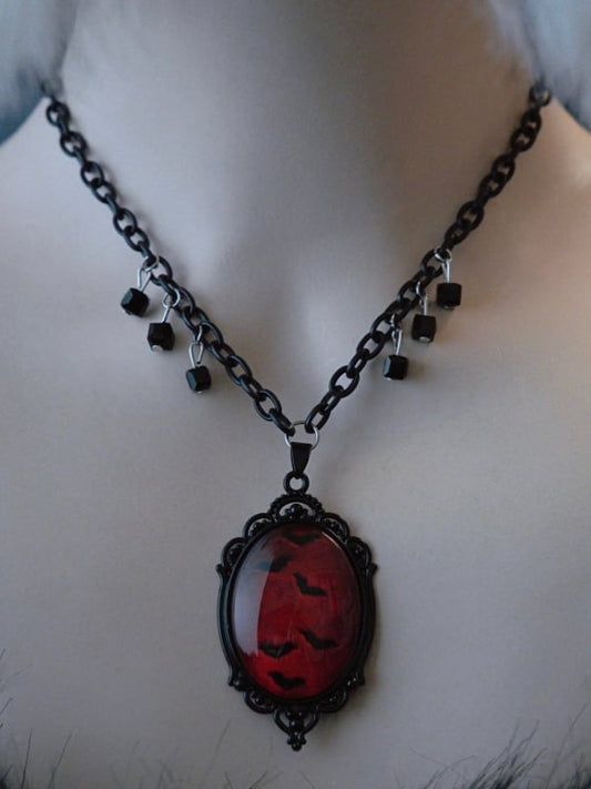Black&Red Gothic Beaded And Bat Pendant Necklace