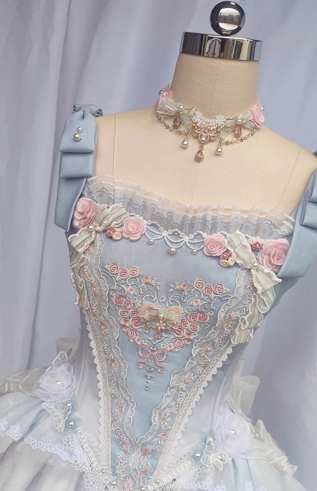Blue Rosette Embroidery Boned Corset Top Floral and Bead Details