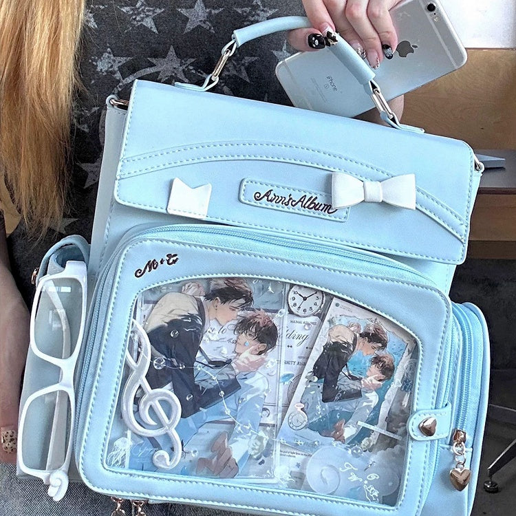Blue 2-Way Ita Bag With Transparent Window And Bow Decoration