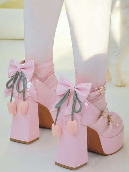 PU Pink Sweet Lolita Platform High Block Heel Mary Janes - Detachable Tulip Bow, Beaded Heart Buckle & Crisscross Straps
