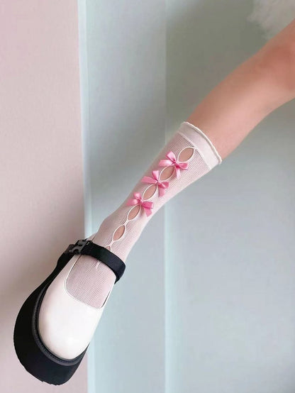 6 Colors Bowknots Cutout Lolita Calf Socks