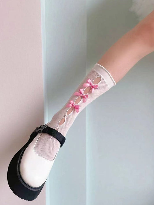 6 Colors Bowknots Cutout Lolita Calf Socks