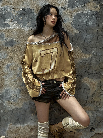 Yellow Asymmetrical Neckline Number Print Blokette Core Punk Top