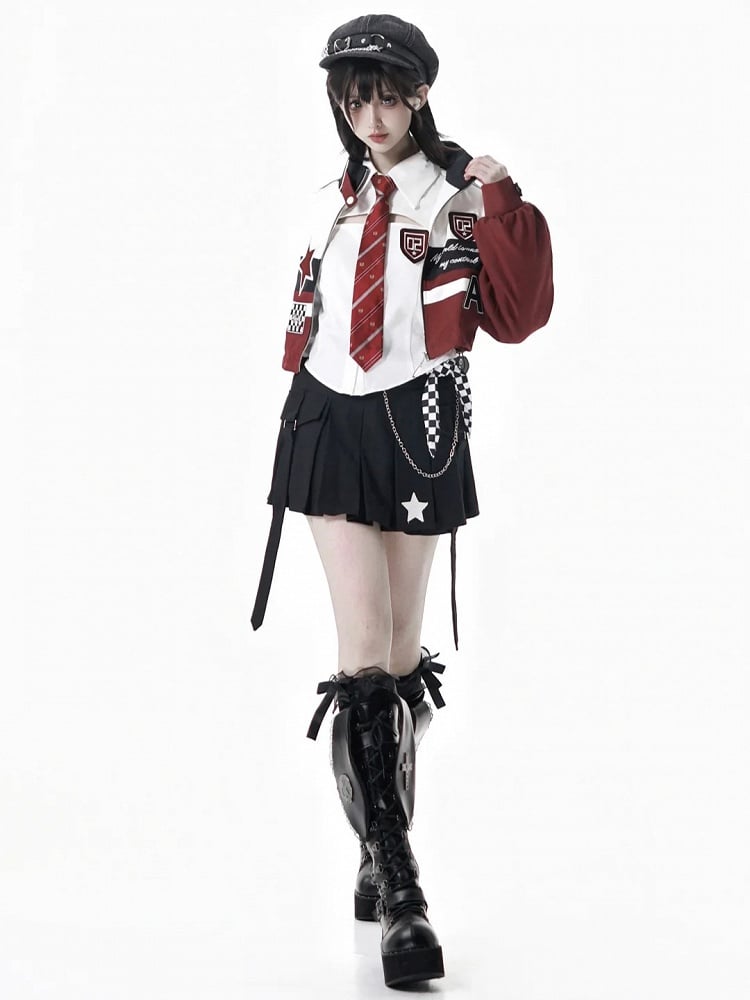 White & Red Moto-Inspired Cropped Zipper Jacket with Embroidered Applique Accents