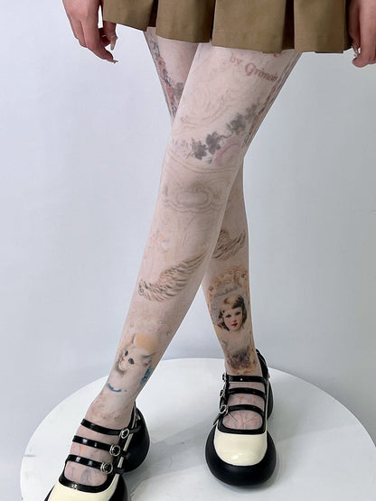 Nude Cartoon Girl And Cat Print Tights
