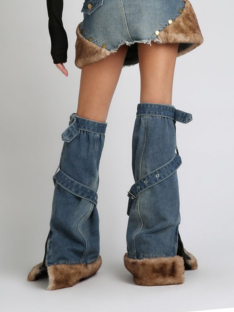 Blue Buckle Straps Flared Denim Leg Warmers