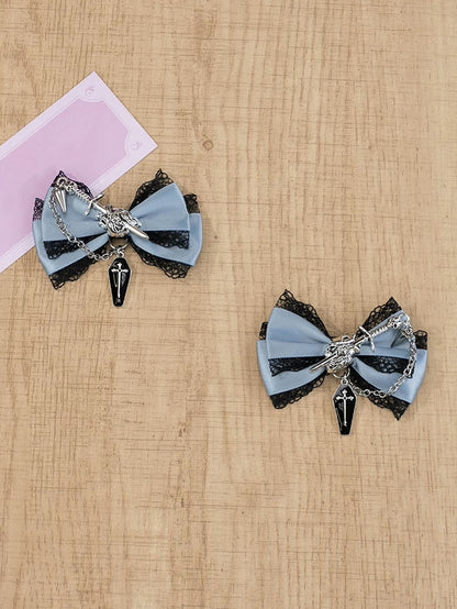 5 Colors Coffin Charm Gothic Cross Jirai Kei Bowknot Hairclips with Chain