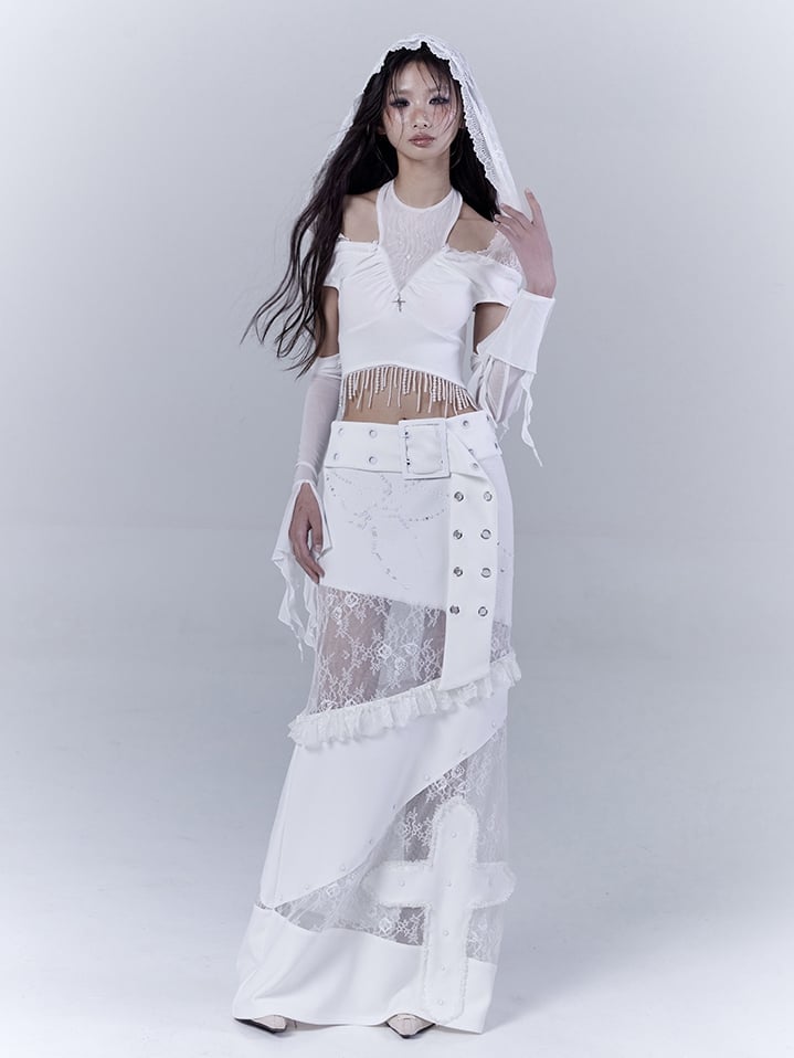 White Low Waist Lace Patches Cross Applique Punk Skirt with Buckle Belt