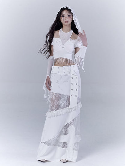 White Low Waist Lace Patches Cross Applique Punk Skirt with Buckle Belt