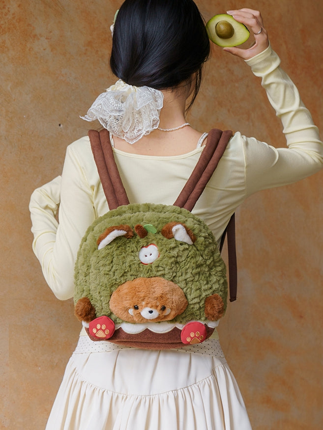 Brown&Green Apple Design Cute Plush Red Panda Backpack Middle/Large Size