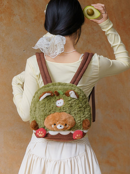 Brown&Green Apple Design Cute Plush Red Panda Backpack Middle/Large Size