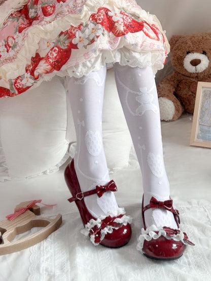 Ruffled Lace Detail, Bow Accents & Practical Heart Buckle Snap Wine Red PU Leather Flat Shoes in Sweet Lolita