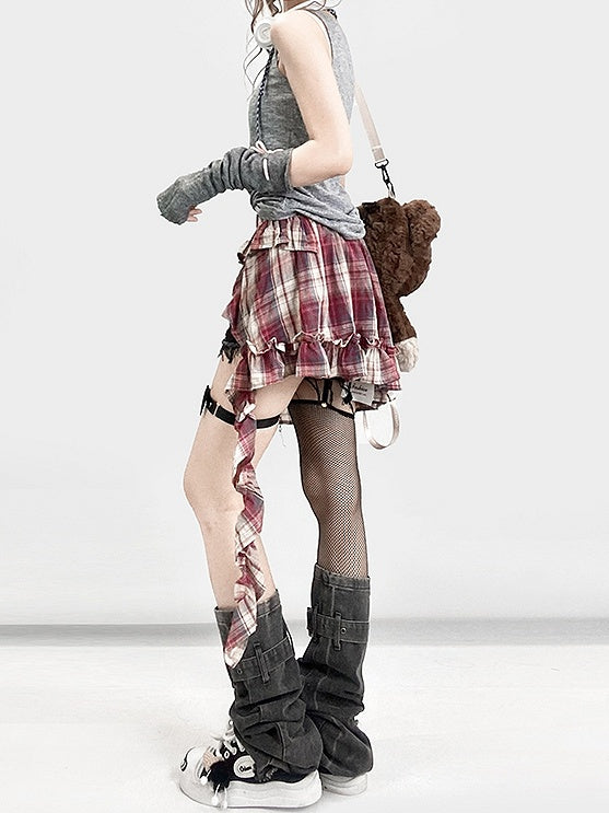 Y2K Bittersweet Black Distressed Holes Design Shorts + Leg Warmers + Red Plaid Accessory