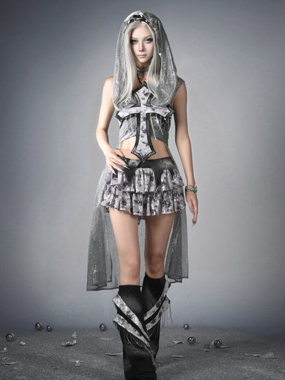 Y3K Fashion Futuristic Silver Cyberpunk  Sequin Detail Hooded Cloak