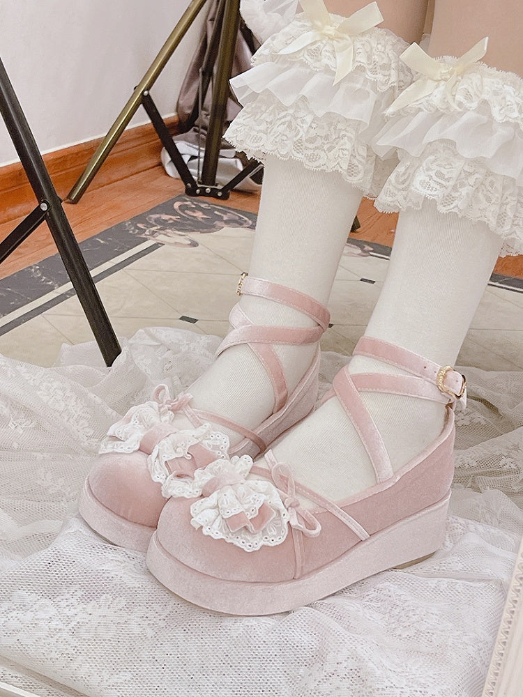 Pink Bow Accents Velvet Round Toe Platforms Crisscross Ankle Strap