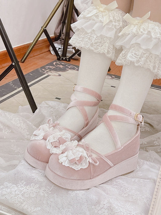 Pink Bow Accents Velvet Round Toe Platforms Crisscross Ankle Strap