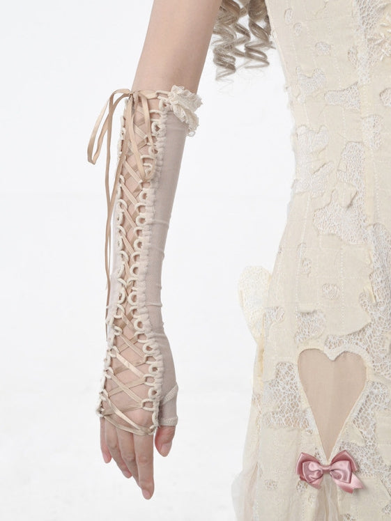 Apricot Lace-up Straps Gloves