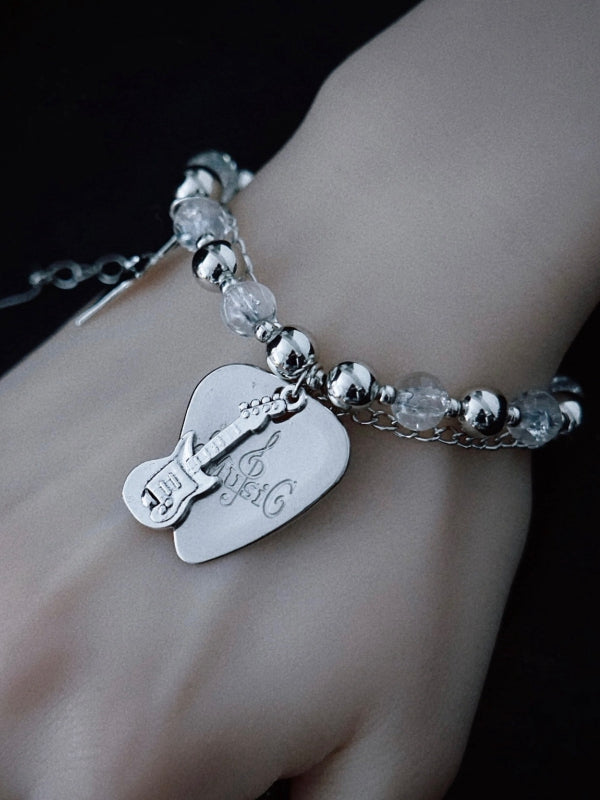 Handmade Guitar Pick Charm Silver and White Punk Beaded Bracelet