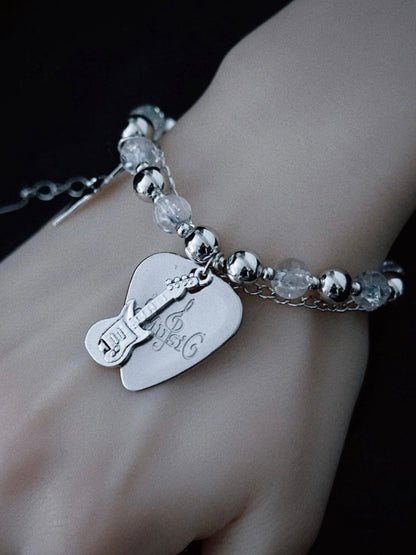 Handmade Guitar Pick Charm Silver and White Punk Beaded Bracelet