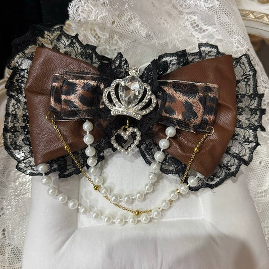 Black&Brown Leopard Pattern Rhinestone Crown Decorated Beaded Charm Lace Trim Bowknot Hairclip