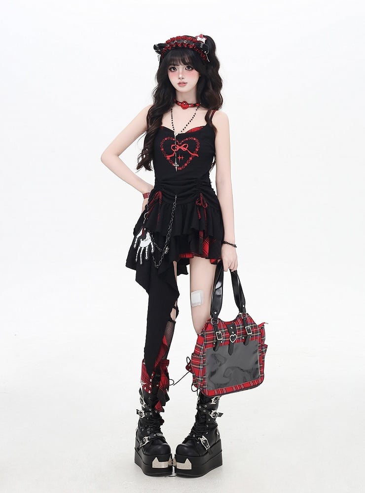 Red and Black Plaid Drawstring Waist Handkerchief Hem Tiered Skirt Cami Dress