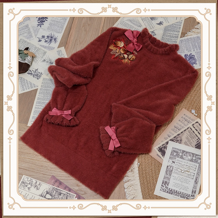 Maple Leaf Embroidery Neckline Bowknot on Cuffs Brick Red Autumn Knit Top