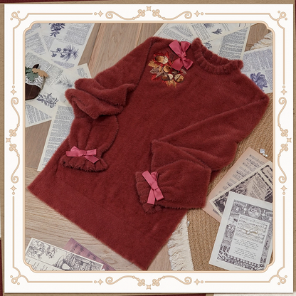 Maple Leaf Embroidery Neckline Bowknot on Cuffs Brick Red Autumn Knit Top